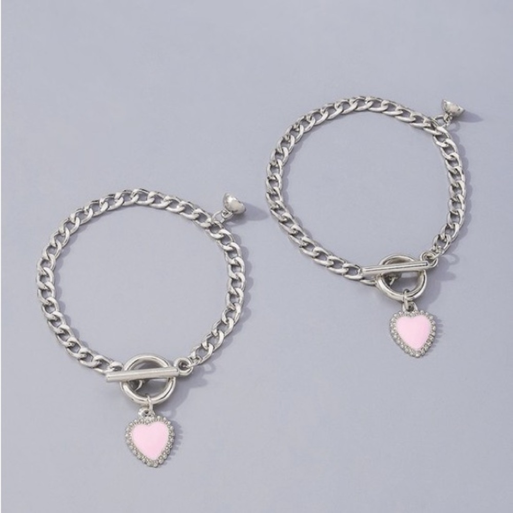 Silver and Pink Heart Pendant Curb Chain Bracelet